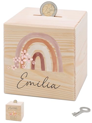 Bärenfreunde® - Personalisierte Spardose Kinder aus Holz mit Metallschloss - Spardose mit Namen mit kinderfreundlichem UV-Druck zum Sparen für Kinderträume (Regenbogen Blumen) von Bärenfreunde