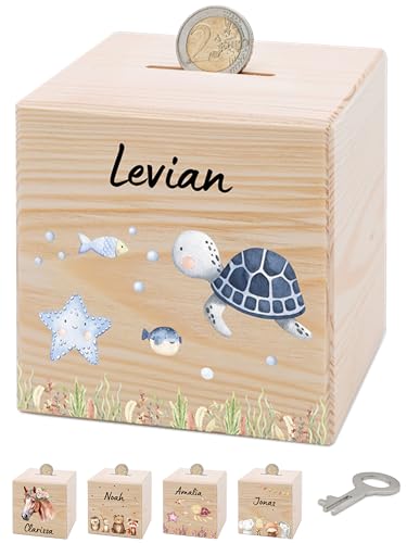Bärenfreunde® - Personalisierte Spardose Kinder aus Holz mit Metallschloss - Spardose mit Namen mit kinderfreundlichem UV-Druck zum Sparen für Kinderträume (Schildkröte blau) von Bärenfreunde