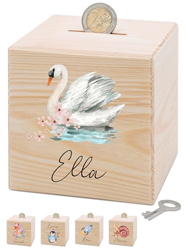 Bärenfreunde® - Personalisierte Spardose Kinder aus Holz mit Metallschloss - Spardose mit Namen mit kinderfreundlichem UV-Druck zum Sparen für Kinderträume (Schwan Blumen) von Bärenfreunde