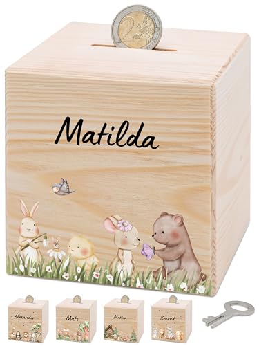 Bärenfreunde® - Personalisierte Spardose Kinder aus Holz mit Metallschloss - Spardose mit Namen mit kinderfreundlichem UV-Druck zum Sparen für Kinderträume (Tiere Blumenwiese) von Bärenfreunde