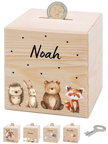 Bärenfreunde® - Personalisierte Spardose Kinder aus Holz mit Metallschloss - Spardose mit Namen mit kinderfreundlichem UV-Druck zum Sparen für Kinderträume (Waldtiere Punkte) von Bärenfreunde