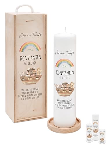 Bärenfreunde® - Personalisierte Taufkerze mit Spezial-Druck (M, L, XL) - ohne Ruß-Bildung - mit Holzkiste oder Untersetzer - Taufe Geschenk, Geschenk zur Geburt (L Kerze) von Bärenfreunde