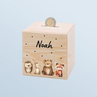Kinder Spardose Personalisiert, Junge, Mit Waldtieren, Holz, Name, Baby von BaerenfreundeDE