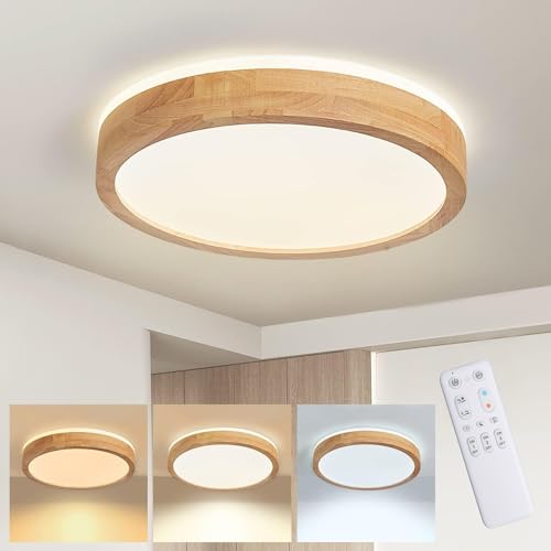 Baerolc LED Deckenleuchte Holz, 40CM Holz Deckenlampe dimmbar mit Fernbedienung, 32W 3000K-6000K Rund Deckenleuchte LED Rund Holz Lampe für Schlafzimmer/Büro/Küche/Kinderzimmer/Flur/Balkon von Baerolc