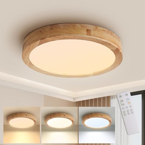 Baerolc LED Deckenleuchte Holz, 40CM Holz Deckenlampe dimmbar mit Fernbedienung 3000K-6000K Rund Deckenleuchte LED Rund Holz Lampe für Schlafzimmer/Büro/Küche/Kinderzimmer/Flur/Balkon von Baerolc