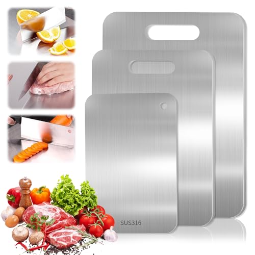 Titan Schneidebrett Set 3 Stück - S316 Edelstahl Schneidebrett, Titanium Cutting Board, Doppelseitiges Lebensmittel Grade Schneidebretts, Titanium Cutting Board für Fleisch, Obst,Gemüse von Bafeil