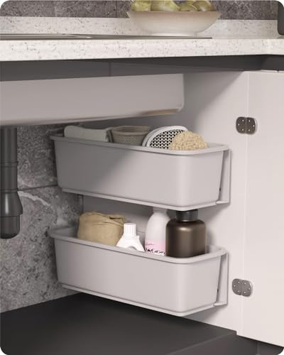 Baffect 2 Stk Schiebekorb Schrank Organizer für Küche Bad, Ausziehbare Schubladen unter Waschbecken Schrank Organizer Wandmontage Schiebekörbe für Gewürzdusche Pantry Supplies (Grau) von Baffect