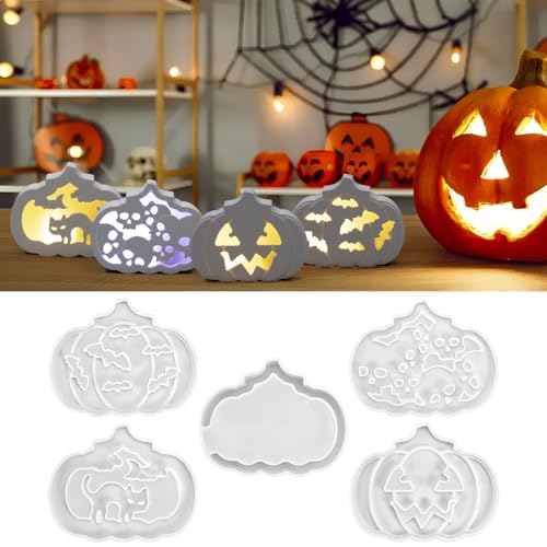 5 Stück Silikonformen Gießformen Herbst, Kürbis Silikonform Herbst, Halloween Silikonform Kürbis mit Fledermäusen Totenkopf Und Katzen für Halloween Deko (5 pcs) von Bafiwu