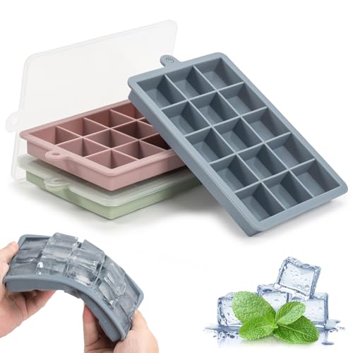 Eiswürfelform Silikon, 3 Stück Eiswürfelbehälter mit Deckel, 15-Fach Quadratische Eiswürfel, Ice Cube Tray für Whisky, Cocktails, Babynahrung von Bafiwu