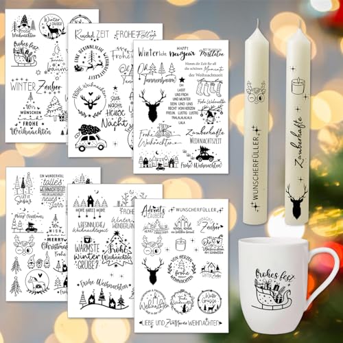 Rub on Sticker Weihnachten,6 Stück A5 Rub ons Weihnachten Wassertransferaufkleber für weihnachten kerzentattoos Glas Keramik Möbel Keramik Deko (black) von Bafiwu