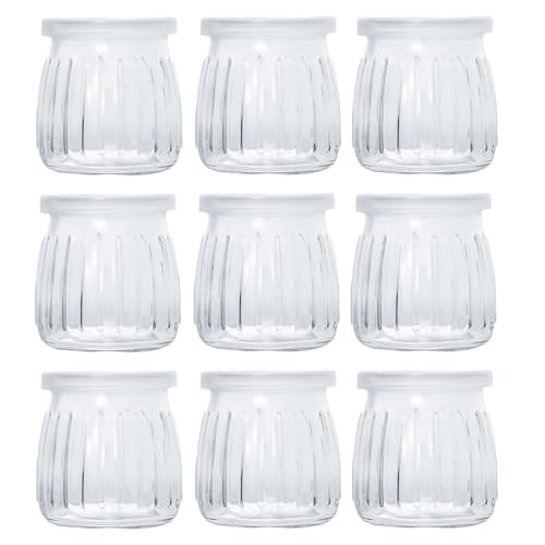 Bafnsiji 9 Stück Puddingglasflasche, Joghurtpuddinggläser mit Kunststoffdeckeln, Joghurtgläser, kleine Glasgefäße Mini-Milchflaschen für Joghurtpuddingmarmelade,100ml von Bafnsiji