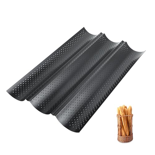 Baguette Backform mit Antihaftbeschichtung, Baguetteblech für 3 Baguettes, Schwarz, Brötchen Backform, Baguette Blech 38x25cm, ideal für perfektes Brotbacken zu Hause. von Bafumiu