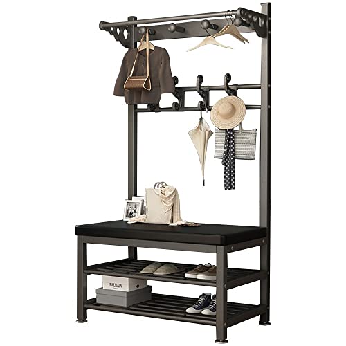 Bagewinner Kleiderständer aus Metall, Multifunktionale Flur Garderobe, Schuhregal mit Sitzfläche, Garderobenständer mit 4 Haken und Sitzbank für Flur Schlafzimmer, 100X33X172CM, Schwarz von Bagewinner