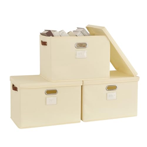 Bagnizer 3PCS Aufbewahrungsbox mit Deckel Faltbare Stoff große Aufbewahrungsbehälter Stapelbare Aufbewahrungskörbe für Regale Organizer Box für Kleidung Beige Dekorative Aufbewahrung 43x30x30cm von Bagnizer