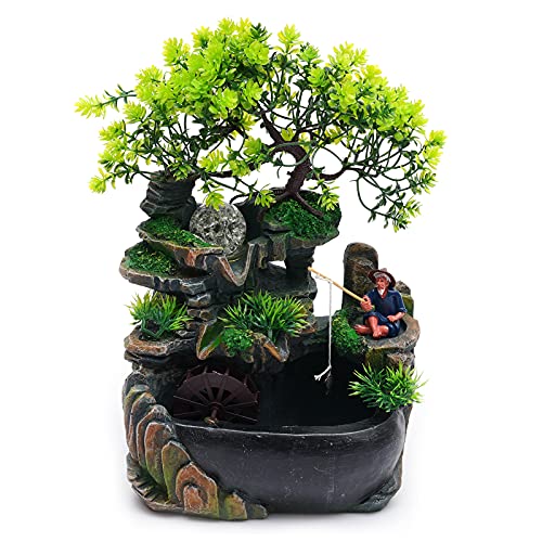 Indoor Brunnen mit LED Beleuchtung Desktop Wasserspiel Pflanze Ornament für Schreibtischdekoration Simulation Steingarten Luftbefeuchter Dekor von Bagyaluu