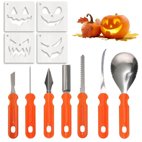 11 Stück Kürbis Schnitzwerkzeug Set, Halloween Kürbis Schnitzset,mit 7 Werkzeugen und 4 Schablonen, Ideal für Halloween Bastelprojekte und Familienaktivitäten, Fördert Kreativität und Feinmotorik von BaiDekun