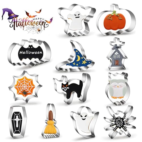 12 Stück Plätzchen Ausstecher, Halloween Ausstechformen Edelstahl Ausstechform Set, Cookie Cutter für Kürbis Deko, Hexen Zubehör, Fledermaus Deko, Halloween Süßigkeiten, DIY Backen mit Kindern von BaiDekun