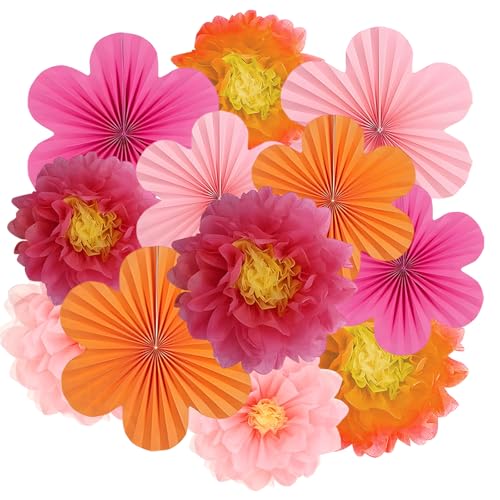 15er Set Papier Blumenfächer & Papierblumen Pompons Rosa und Orange, hängende Girlanden-Dekoration für Hochzeit, Geburtstagsfeier & Gartenparty-Tischdeko von BaiDekun