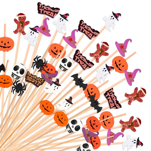100 Halloween Cocktailspieße, Halloween Tischdeko, Geister Deko, Fledermaus Spinne Kürbis Cocktailspieße, Halloween Party Snacks (Zufällig 3-4 Formmodelle) von BaiDekun