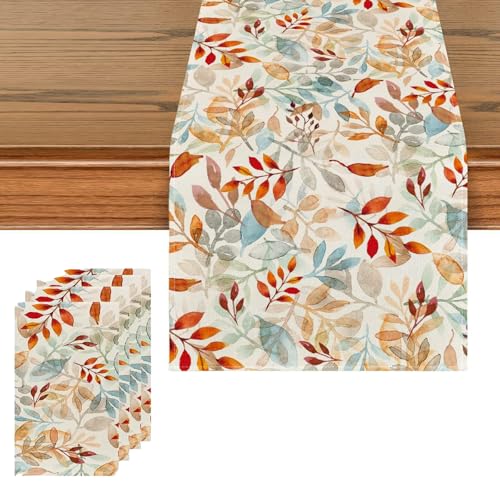 5 Stück Set Tischläufer Outdoor, Herbstliche Tischdekoration, Mode Blätter Herbst Platzsets Mit 40x140cm Tischläufer Und 4X 30x45cm Platzsets, Küche Deko, Boho Stil, Für Party Und Täglichen Gebrauch von BaiDekun