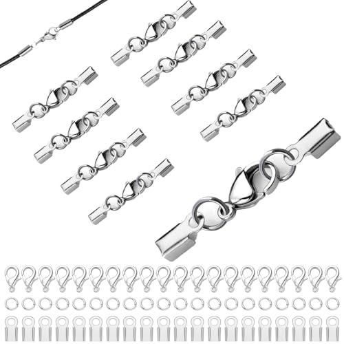 50 Stück Edelstahl Verschluss, Lederband Für Ketten, Armbänder Verschlüsse, Schmuckverschluss Edelstahl, DIY Schmuckherstellung, 200 Clips + 200 Verbindungsringe, Silber von BaiDekun