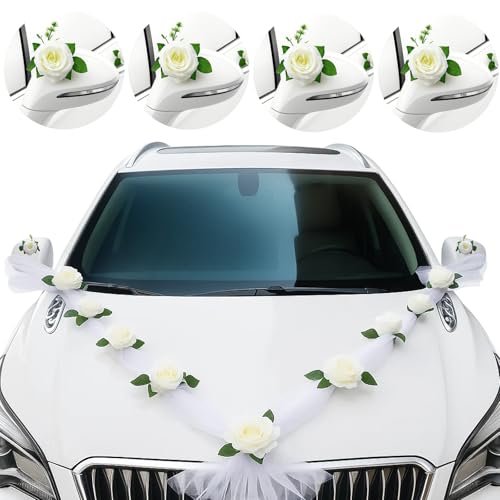 Autoschmuck Hochzeit Auto Deko Set, 2x 160cm Verstellbare Tüll Girlanden mit 9 Großen Blumen Ø20cm & 4 Kleinen Blumen Ø10cm, Blumenschmuck Auto Hochzeit Motorhaube mit Saugnäpfen & Kabelbindern von BaiDekun