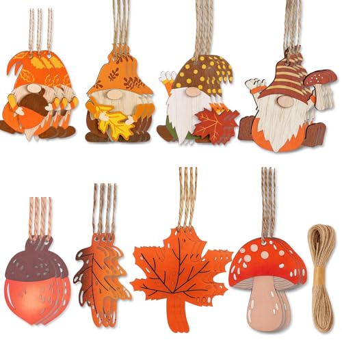 BaiDekun 24er Holz Deko Hänger Herbstdeko Set mit 10m Juteschnur, 6-7cm Wichtel Ahornblatt Kiefernzapfen Pilz Blätter Tiermotive, Fensterhänger Herbst Thanksgiving Deko für Zuhause & Party von BaiDekun