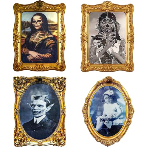 BaiDekun 4 Stück Halloween-Dekoration, Horror-Bilder & beweglicher Portraitrahmen, 3D-Wechselgesicht, gruselige Wanddekoration für Party, Schloss, Spukhaus & Zuhause (Innendekoration) von BaiDekun