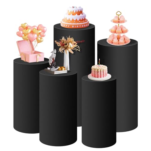 5 Stück/Set Dehnbare Spandex-Säulenabdeckungen für Metallzylinder-Ständer, Displaybox-Ständer, Abdeckungen, Hochzeit, Geburtstag, Brautparty, Abschlussball, Party-Requisiten(Black, 5PCS) von BaiWon
