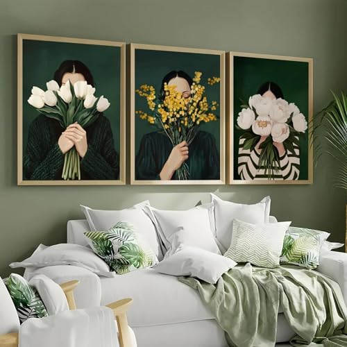 Abstrakte Menschen Kunst Poster Drucke Frau Mit Blumen Minimal Weibliche Wand Kunst Leinwand Malerei Bild Home Decor 50X70Cmx3Pcs Kein Rahmen von Baibexing
