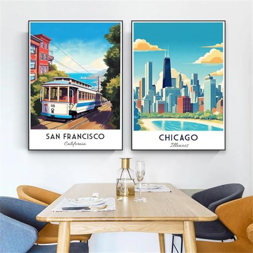 Baibexing San Francisco Reise Poster Bunte California Stadtbild Wand Kunstdruck Landschaft Chicago Skyline Leinwand Malerei Schlafzimmer Dekor 21X30Cmx2Pcs Kein Rahmen von Baibexing