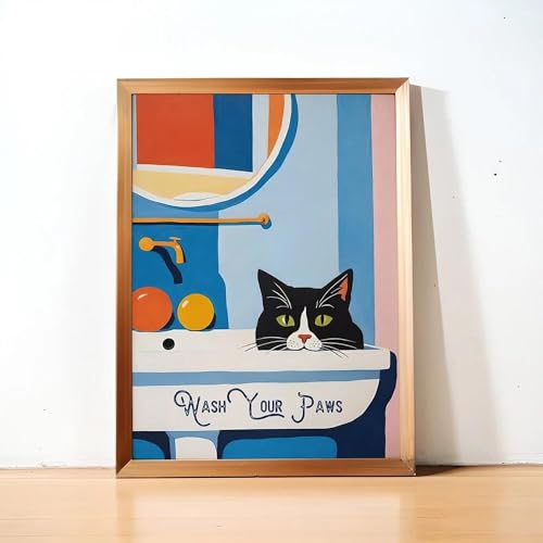 Baibexing Wash Your Paws Katzenposter, Farbenfroher Und Skurriler Badezimmer-Kunstdruck, Süße Katzenillustration Mit Kursivem Zitat, Heimdekor-Bilder 21X30Cm Kein Rahmen von Baibexing