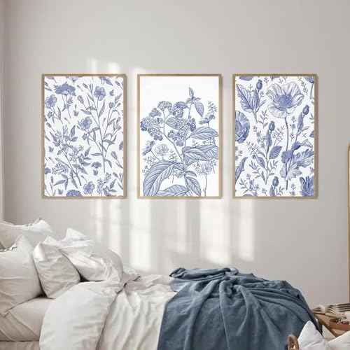Klassische Blaue Boho Blume Poster Drucke Celadon Serie Wand Kunst Leinwand Malerei Wohnzimmer Dekoration 21X30Cmx3Pcs Kein Rahmen von Baibexing
