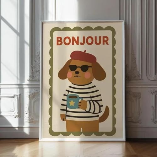 Niedlichen Tier Bonjour Hund Kindergarten Wand Kunst Französisch Welpen Illustration Leinwand Malerei Poster Drucke Moderne Kinderzimmer Dekor 40X60Cm Kein Rahmen von Baibexing