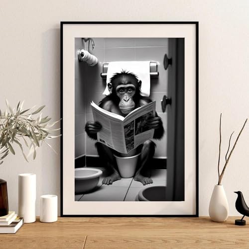 Tiere Affe Sitzt Auf Der Toilette Und Liest Eine Zeitung Drucke Poster Lustige Badezimmer Wand Dekor Bild Wc Wand Paining 40X50Cm Kein Rahmen von Baibexing