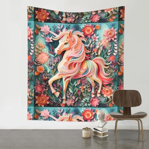 Baicrane Rosa Papierschnitt Einhorn Tapisserie 152,4 x 130,9 cm Böhmische Kunst Dekor für Ihr Wohnzimmer, Schlafzimmer oder Büro von Baicrane