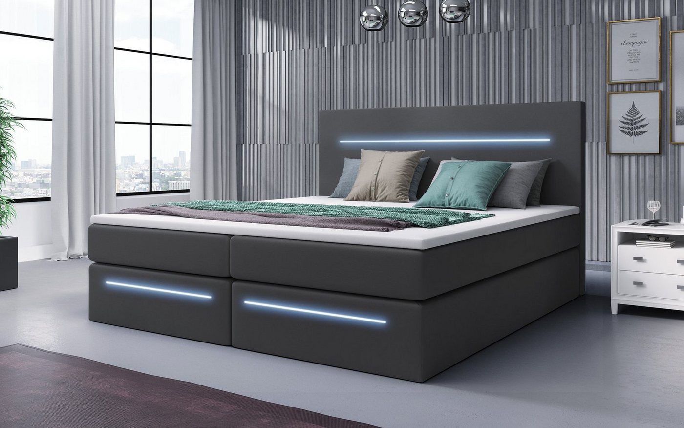 Baidani Boxspringbett Boxspringbett Barcelona mit LED und Stauraum von Baidani