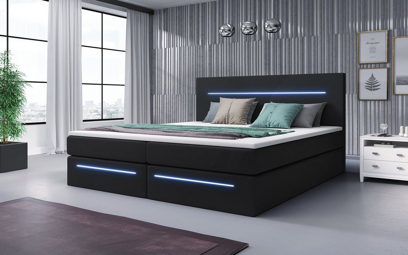 Baidani Boxspringbett Boxspringbett Barcelona mit LED und Stauraum von Baidani