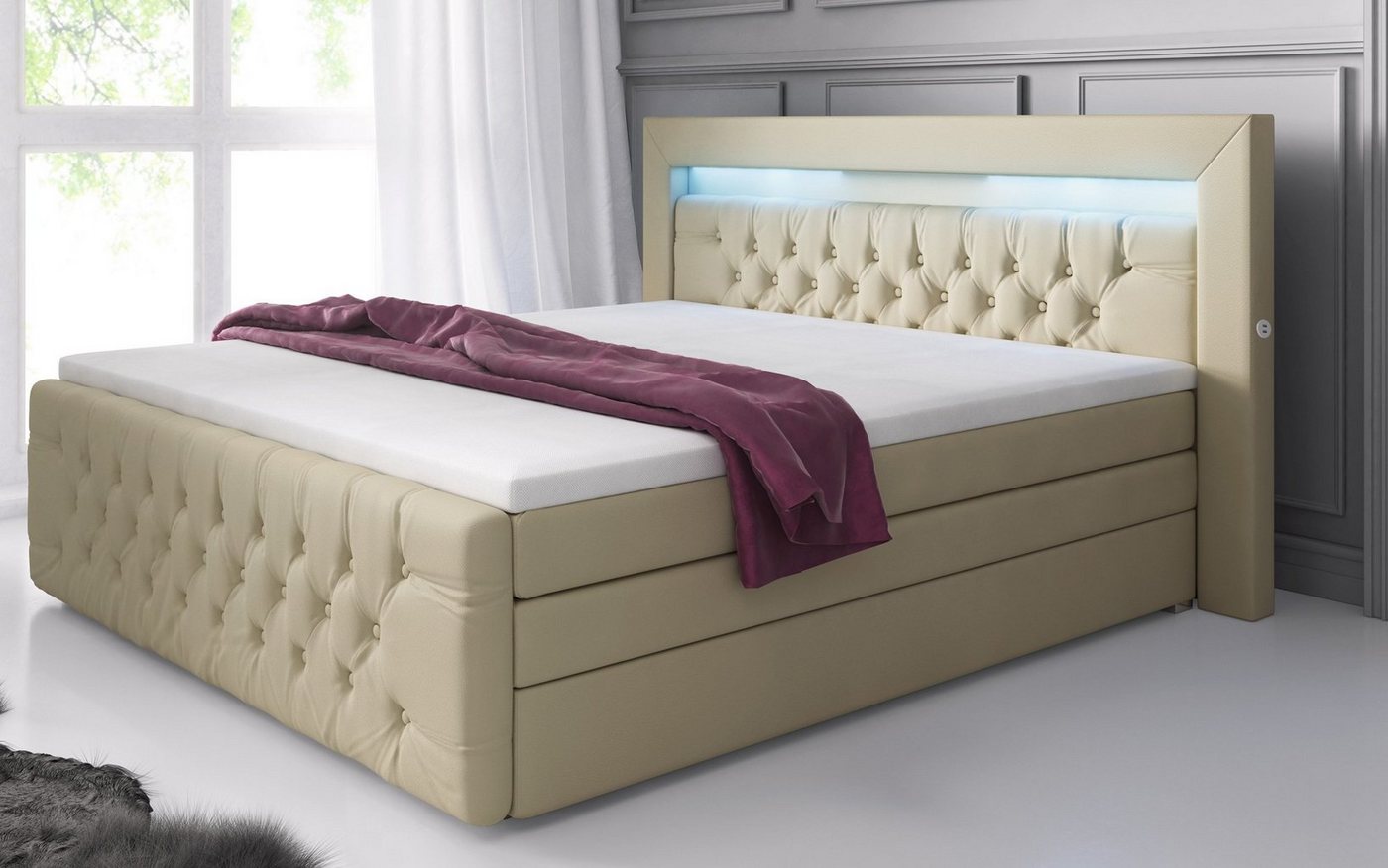 Baidani Boxspringbett Sonno, mit Stauraum, LED und USB - Anschluss, inkl. Topper und Matratze von Baidani