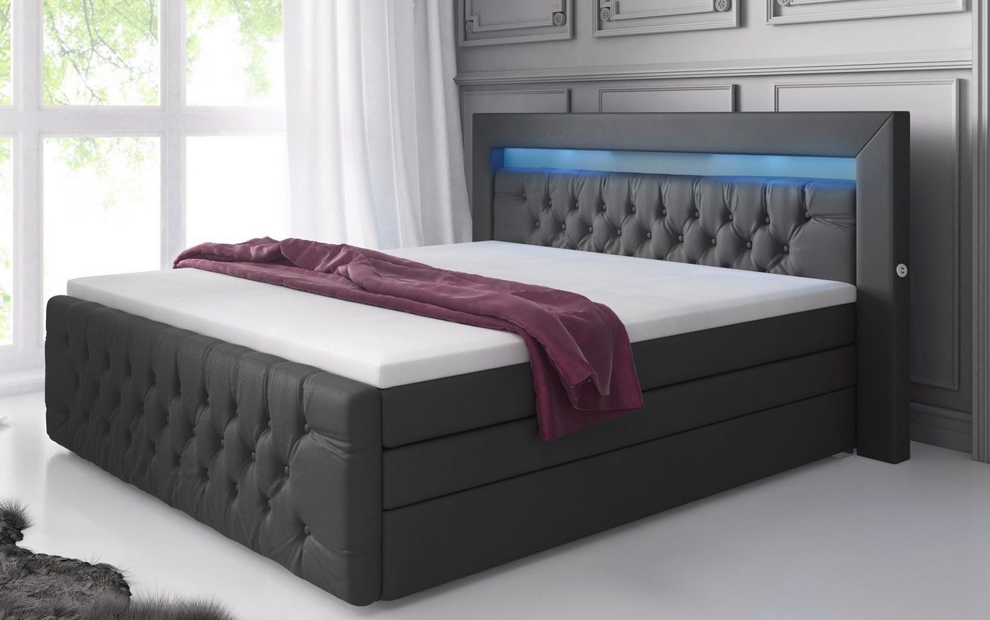 Baidani Boxspringbett Sonno, mit Stauraum, LED und USB - Anschluss, inkl. Topper und Matratze von Baidani