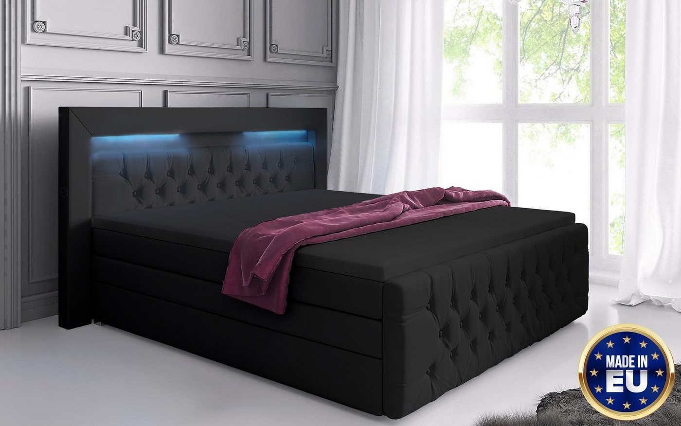 Baidani Boxspringbett Sonno, mit Stauraum, LED und USB - Anschluss, inkl. Topper und Matratze von Baidani