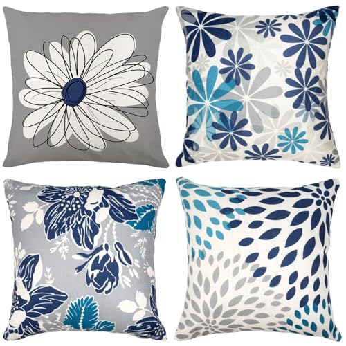 Baidast Dekorative Kissenbezüge, 45,7 x 45,7 cm, Grauer und Blauer Leinen-Kissenbezug für Wohnzimmer, Sofa, Bett, Innen-/Außenbereich, 4er-Set von Baidast