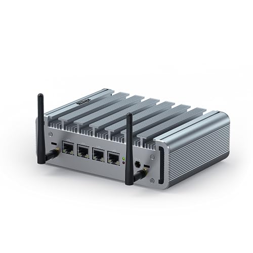 Baieyu Lüfterloser Industrie Firewall Mini PC, 4 x 2.5GbE LAN, Celeron J4125, 16GB RAM DDR4 256GB SSD, 1xHD, 1xVGA, Dual-Display, WiFi/4G Modul Firewall Micro Mini PC, OPNsense, Firewall Appliance von Baieyu