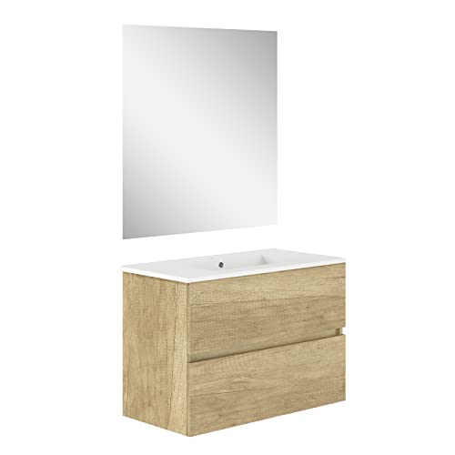 Baikal, Badezimmer-Set Natura, Badezimmermöbel mit reduziertem Boden, mit Keramikwaschbecken, Aufteilung mit Zwei Schubladen, montiert, Zwei Schubladen mit Spiegel, Tiefe 39 cm, 80 cm Nature Baikal, Badezimmer-Set Natura, Badezimmermöbel mit reduziertem Boden, mit Keramikwaschbecken, Aufteilung mit Zwei Schubladen, montiert, Zwei Schubladen mit Spiegel, Tiefe 39 cm, 80 cm Nature von Baikal