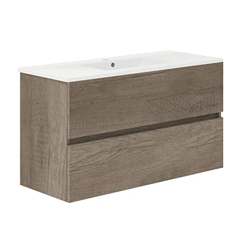 Baikal, Natura Badezimmermöbel mit reduziertem Boden, mit Keramikwaschbecken, Aufteilung mit Zwei Schubladen, montierter Schrank, Zwei Schubladen ohne Spiegel, Tiefe 39 cm, 100 cm Nebraska von Baikal