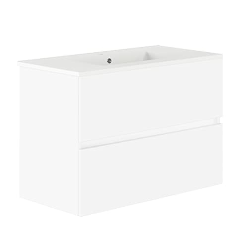 Baikal, Natura Badezimmermöbel mit reduziertem Boden, mit Keramikwaschbecken, Aufteilung mit Zwei Schubladen, montierter Schrank, Zwei Schubladen ohne Spiegel, Tiefe 39 cm, 90 cm, Weiß von Baikal