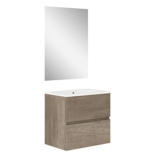 Baikal, Natura Badezimmerschrank mit kleinem Boden, mit Keramikwaschbecken, Zwei Schubladen, montierter Schrank, Zwei Schubladen mit Spiegel, Boden 39 cm, 60 cm, Nebraska von Baikal