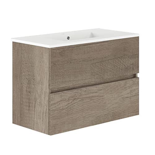 Baikal, Natura Badezimmerschrank mit reduziertem Boden, mit Keramikwaschbecken, Aufteilung Zwei Schubladen, Zwei Schubladen, ohne Spiegel, Boden 39 cm, 90 cm, Nebraska von Baikal