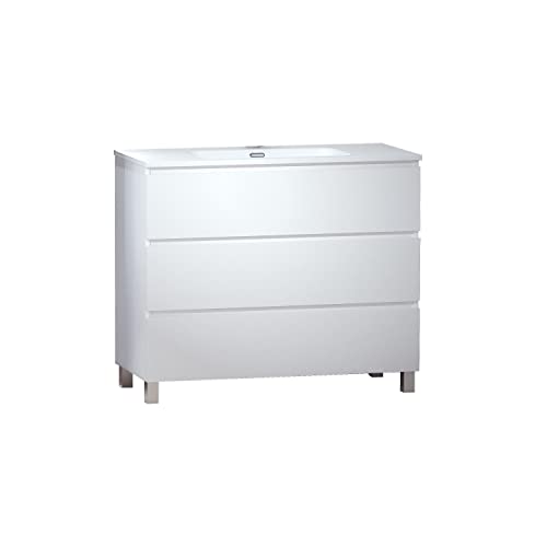 Baikal LESI 280034105 Badezimmer mit Beinen, Waschbecken und Spiegel mit LED-Licht, DREI Schubladen, Maße Möbel 100 x 76 x 46 cm, Weiß matt, Melamin 16 mm von Baikal