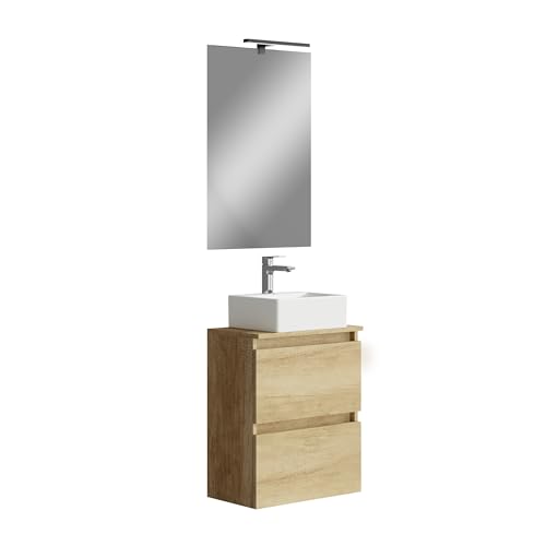 Baikal MAIA Kleiner Badezimmerschrank mit Waschbecken aus Keramik und Spiegel mit LED-Licht, eine Klapptür und eine Schublade, naturfarbenes Finish, Maße: 50 x 60 x 30 cm von Baikal